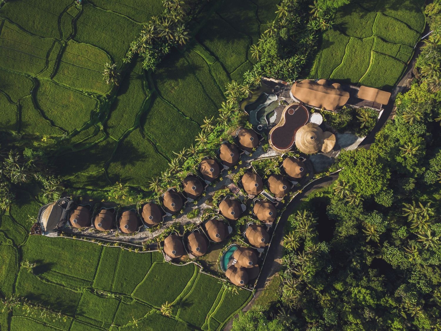 Aerial view of dome-shaped villas set among rice terraces in Ubud, Bali
