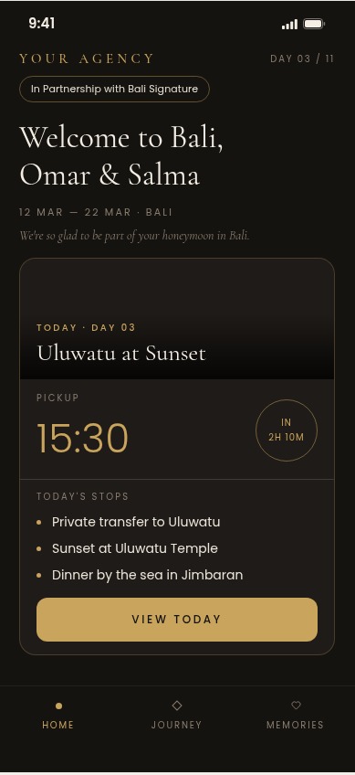 Guest Portal preview: a mobile itinerary screen showing a day's pickup time and stops